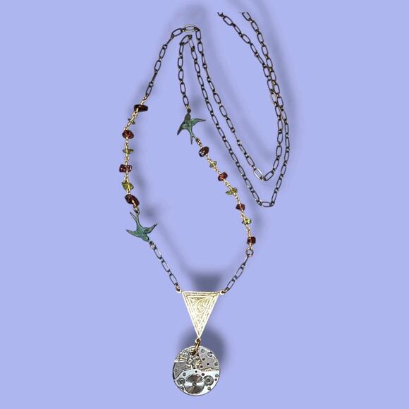 Artisan Steampunk Y-drop Necklace Watch Gears Birds 30" - Picture 4 of 5